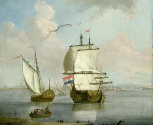 A Dutch East Indian man and a Royal Yacht in an Estuary with a Town Beyond